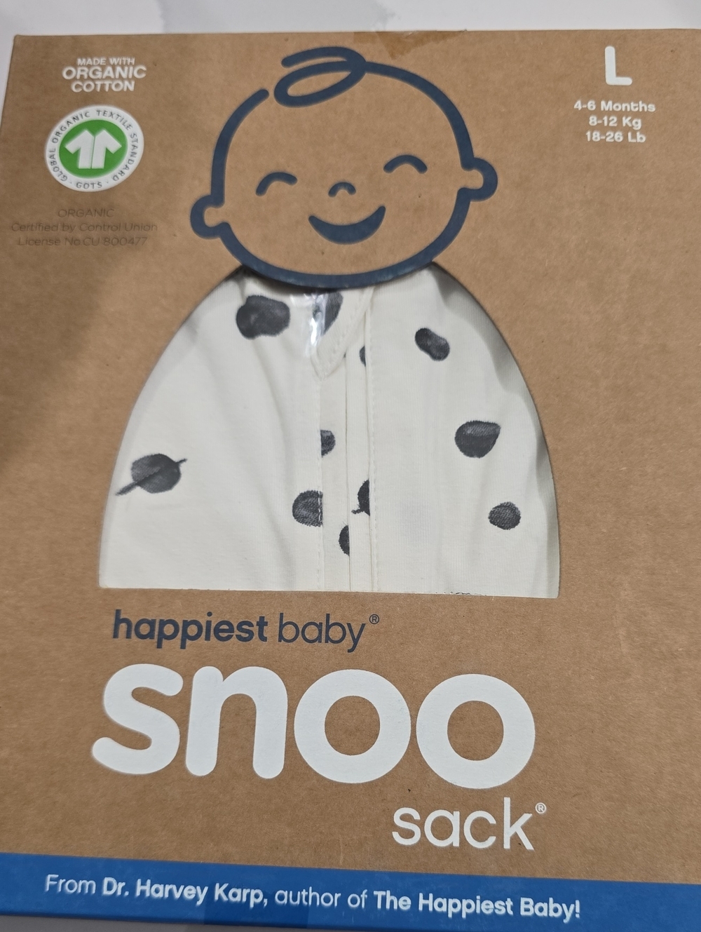 Snoo Sack Organic Cotton Baby Sleep Sack - White with Black Spots Happiest Baby